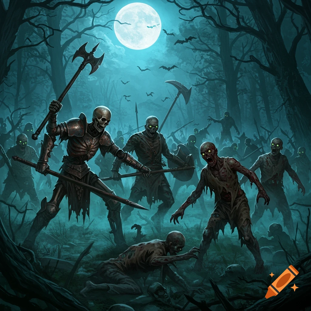 Armored skeletons and zombies battle in a dark, moonlit forest, with bats flying around a full moon.