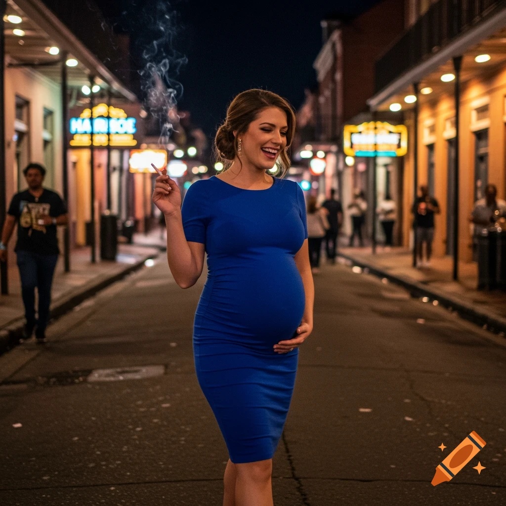 A smiling pregnant woman in a royal blue dress walks and smokes on a lively city street at night.