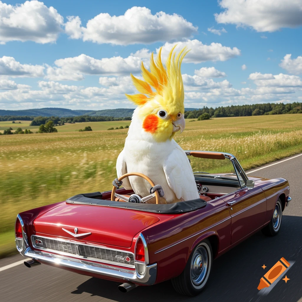 A photorealistic cockatiel with a yellow crest drives a red convertible car down a country road on a sunny day.