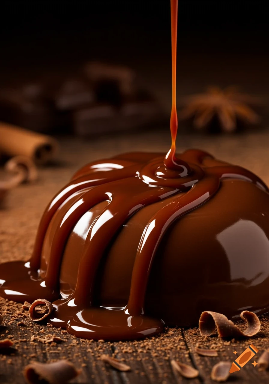 A close-up, photorealistic shot of rich caramel being poured over a smooth chocolate dome, surrounded by cocoa powder and chocolate shavings on a wooden surface.