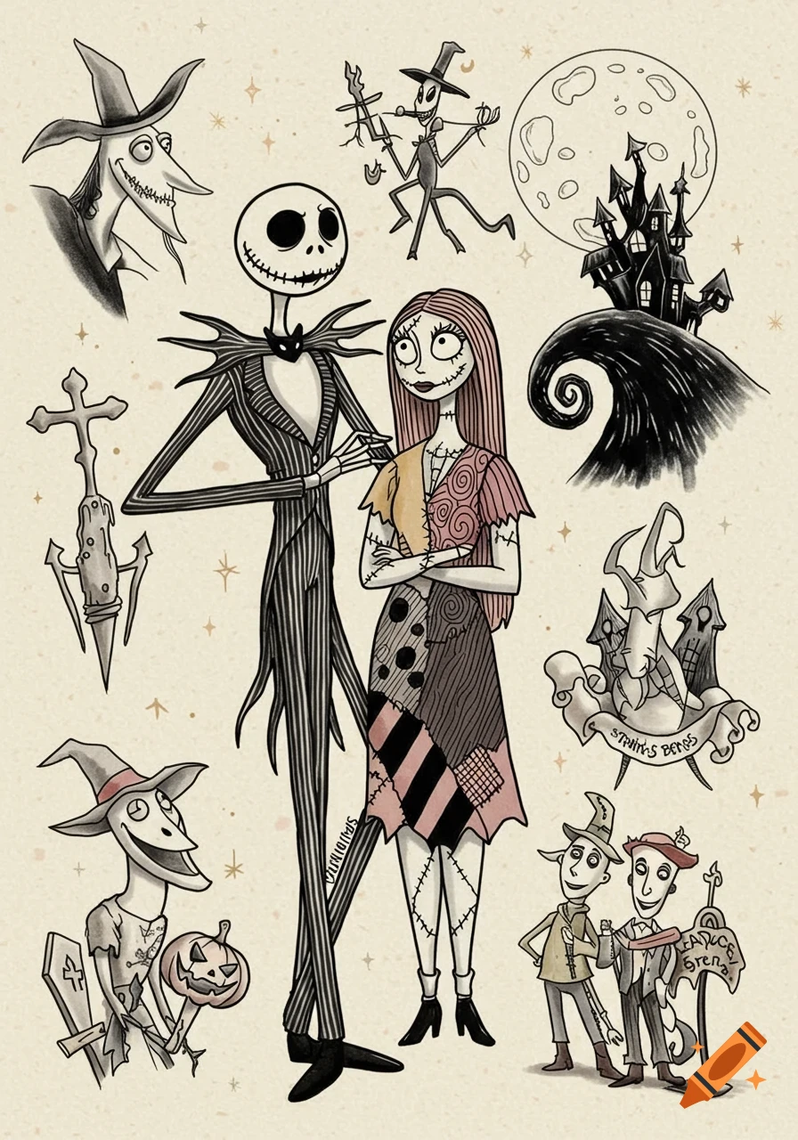 A tattoo flash sheet featuring black and white illustrations of Jack Skellington, Sally, Oogie Boogie, and other Nightmare Before Christmas characters and motifs like a haunted house, moon, and tombstones, with some elements colored in pastels. The style is simplistic linework on a beige background.