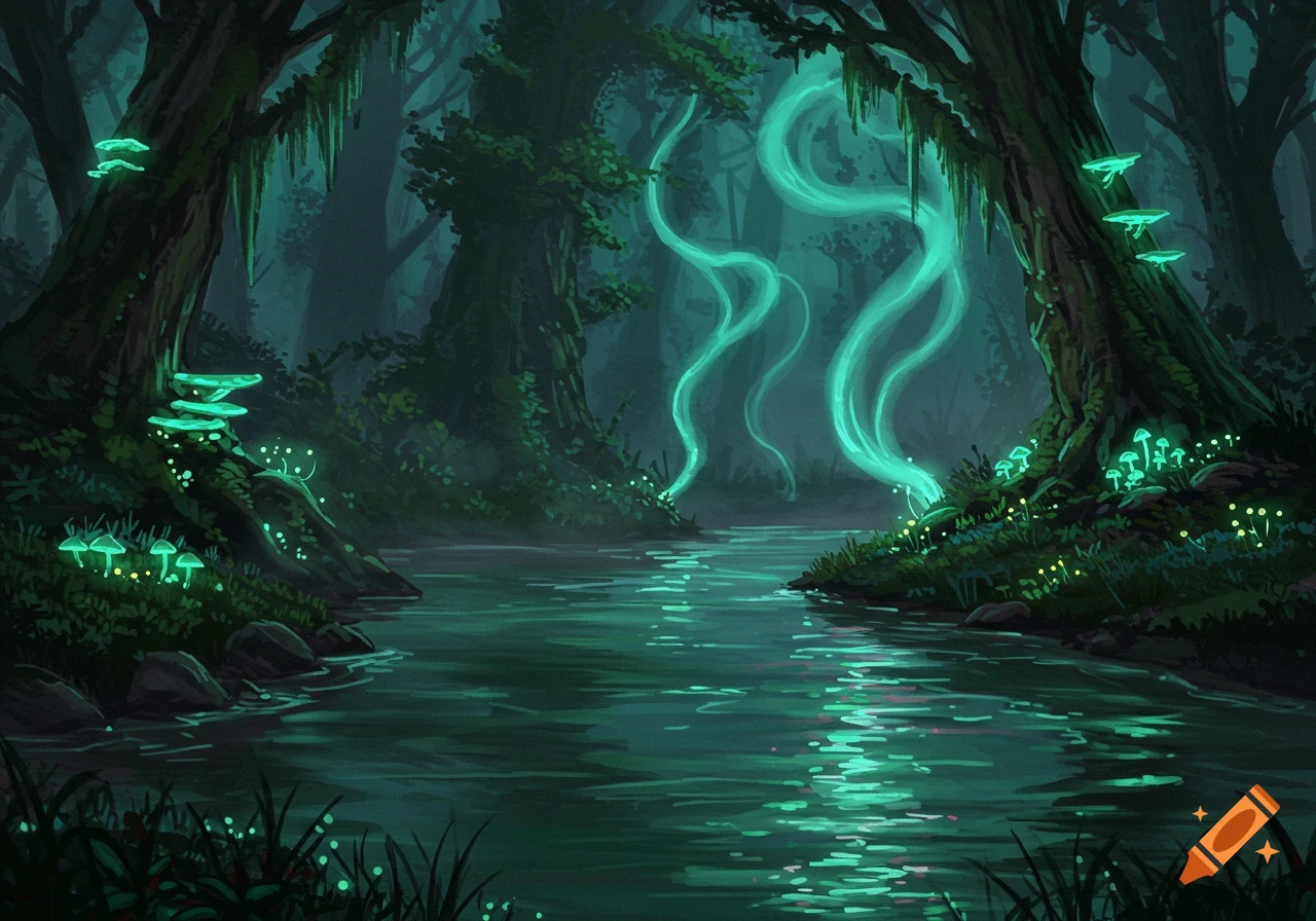 A dark, mystical forest scene with a river flowing between mossy trees. Glowing turquoise mushrooms and ethereal fumes illuminate the water and banks.