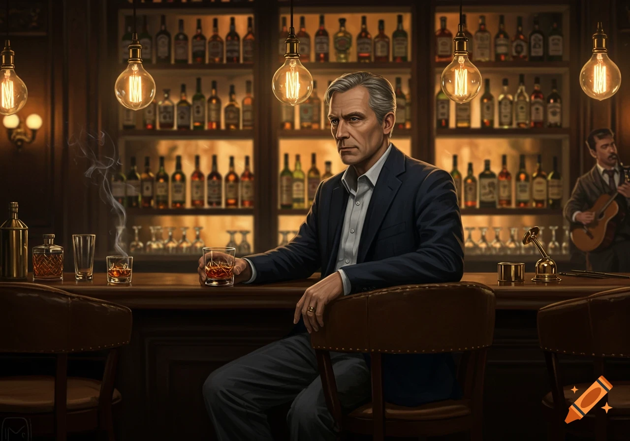 Photorealistic image of a man sitting at a dimly lit bar, holding a glass of whiskey, with bottles on shelves behind him.