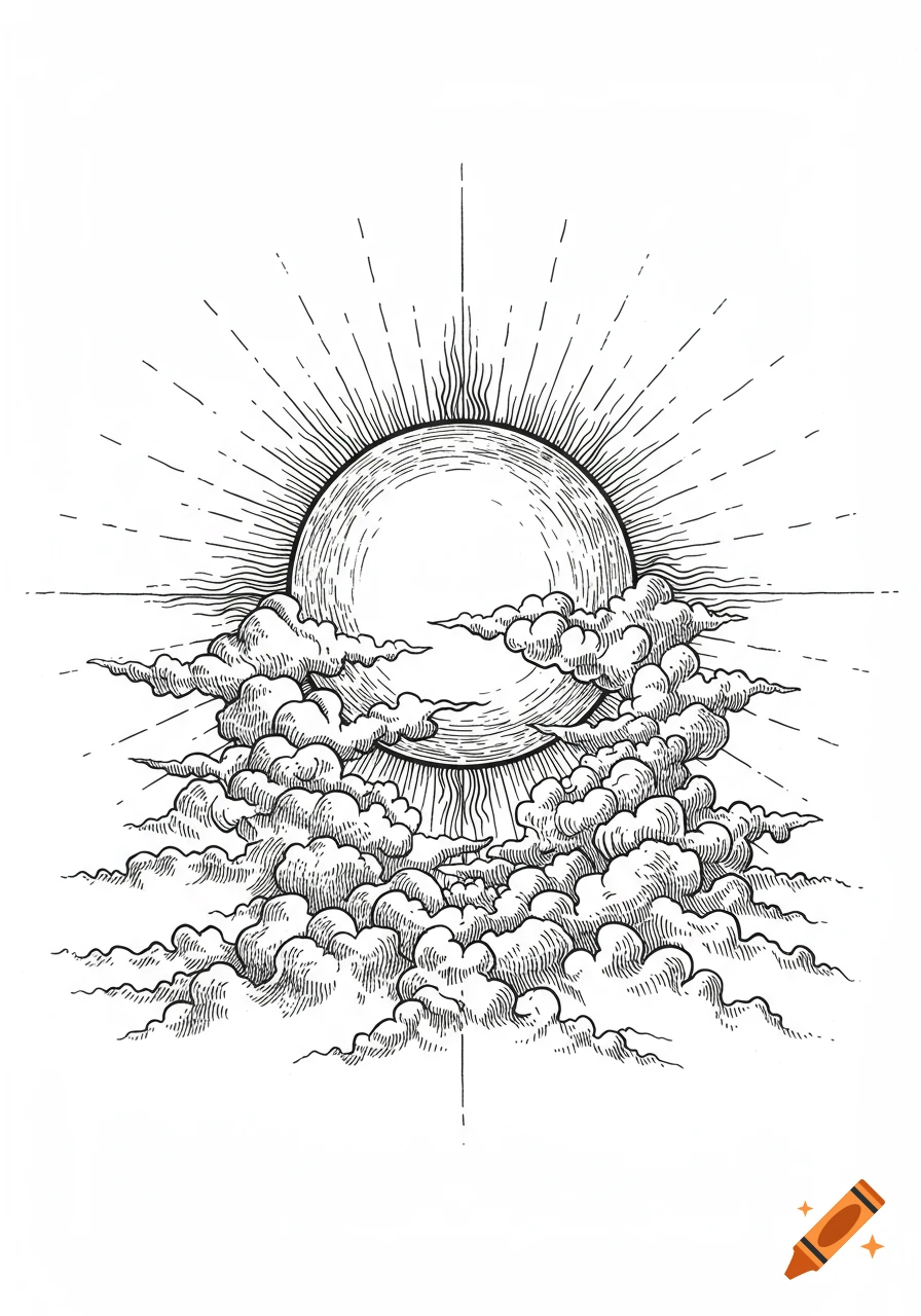 Ink line art drawing of a sun partially obscured by clouds, with rays emanating outwards, in black and white.