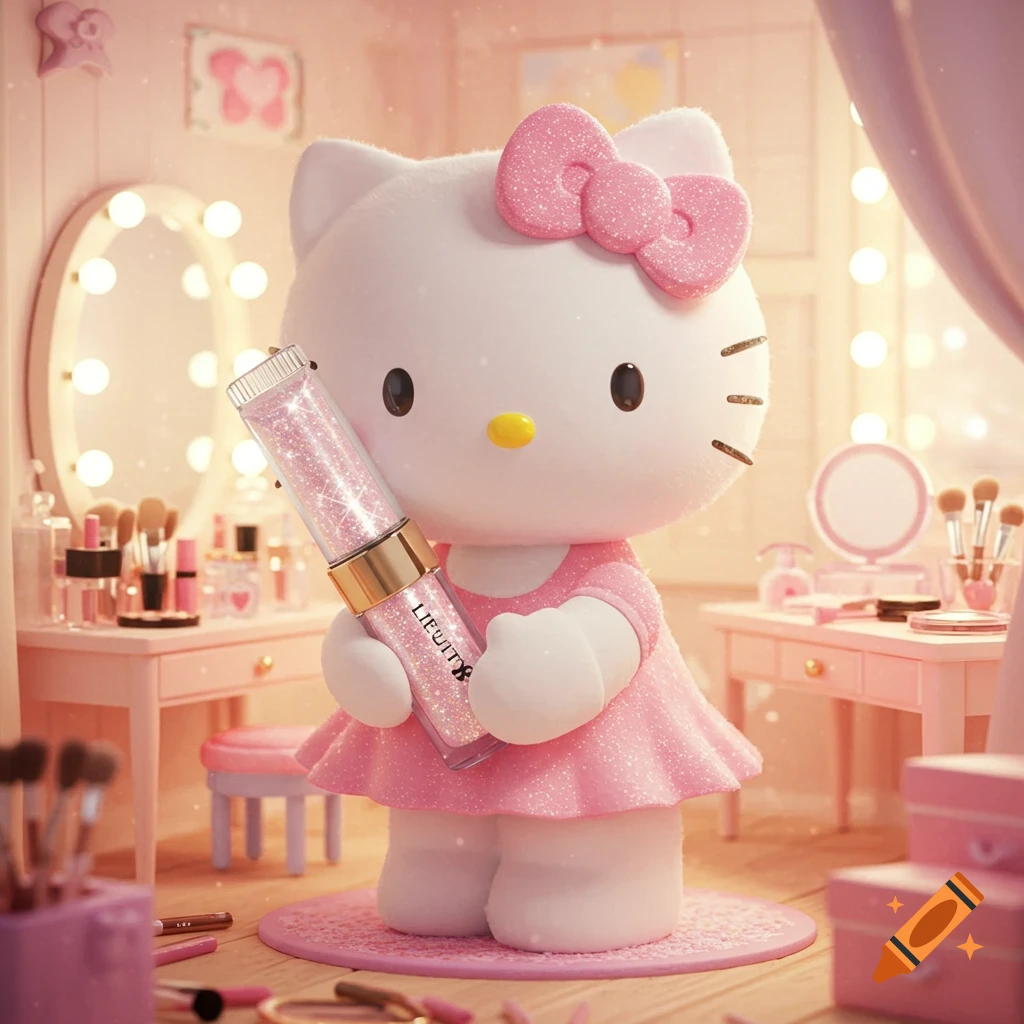 Hello Kitty in a glittery pink dress holds a sparkling lip gloss tube in a pink vanity room.