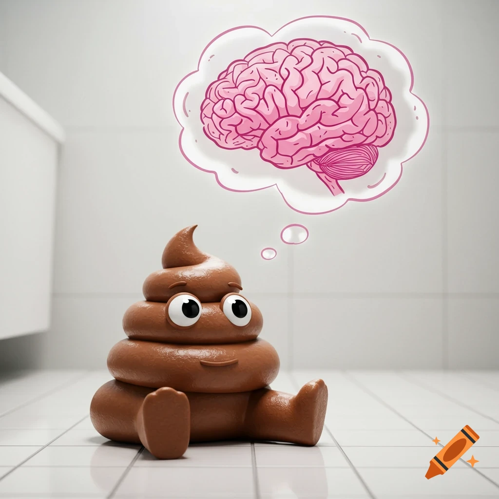 A cartoon poop emoji character with big eyes sits on a tiled floor, thinking of a pink brain in a thought bubble.