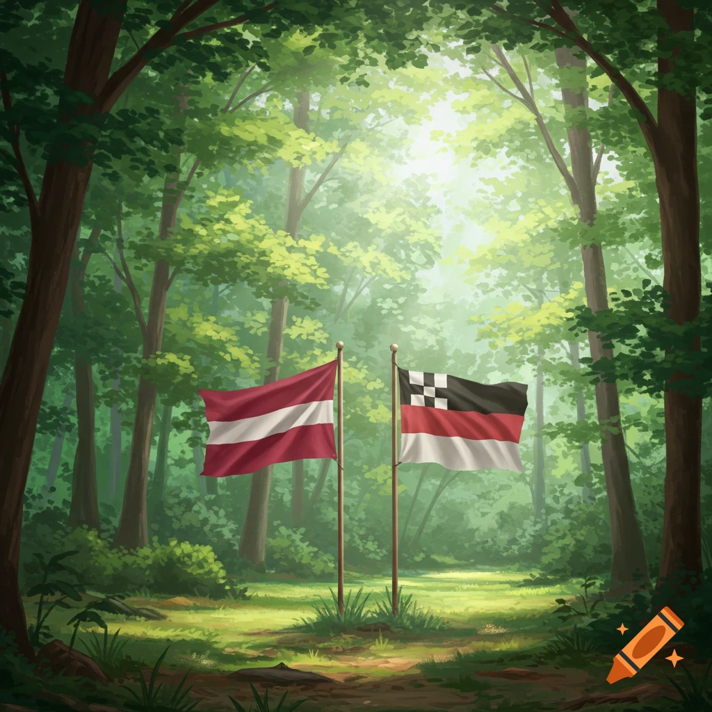 A Latvian flag and the flag of Heerde, Netherlands, planted in a lush green forest, with sunlight filtering through the trees.