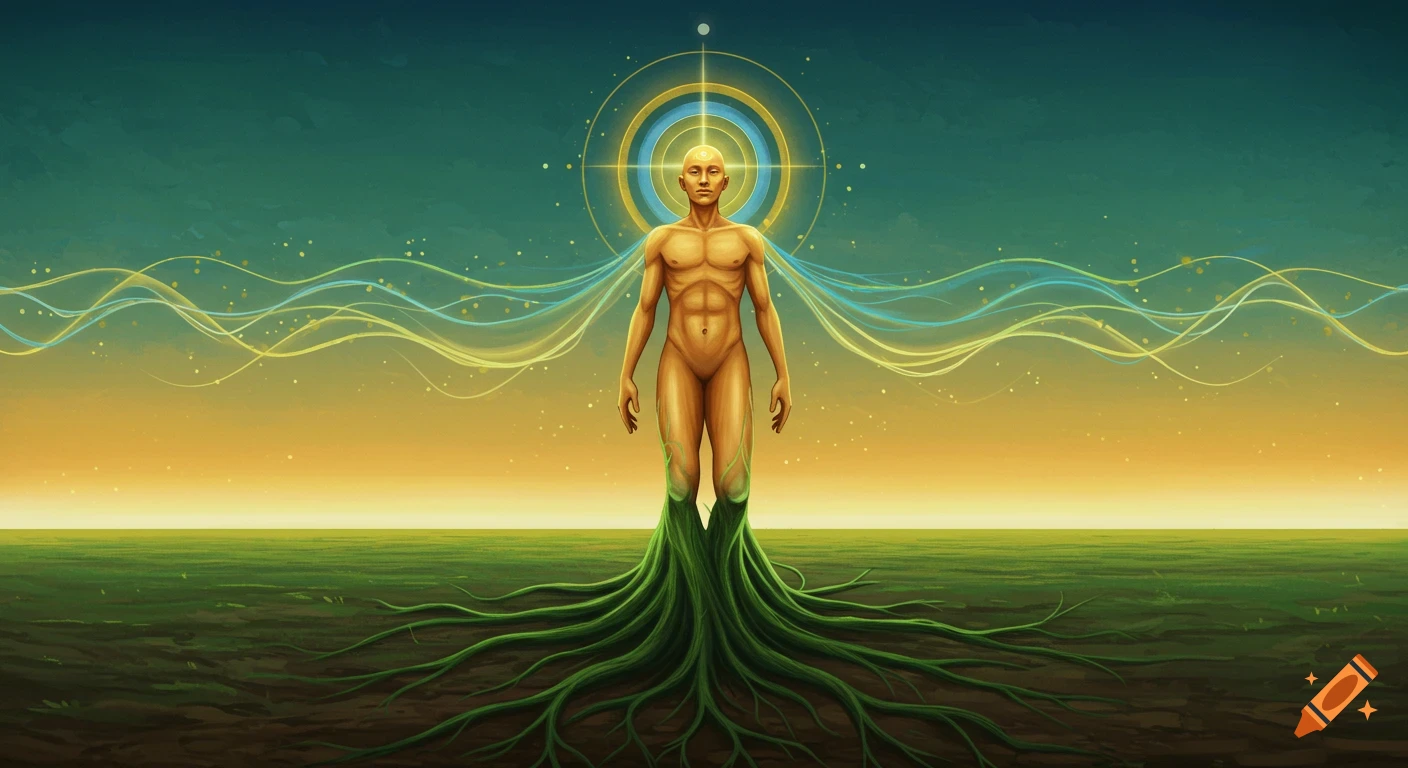 Ethereal figure with deep roots extending into the earth, radiating a golden-blue-green aura against a wide horizon.