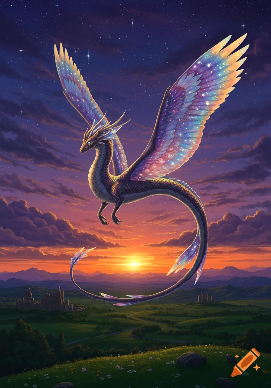A majestic dragon with iridescent, star-filled wings flies over a vibrant green valley at sunset under a starry sky.
