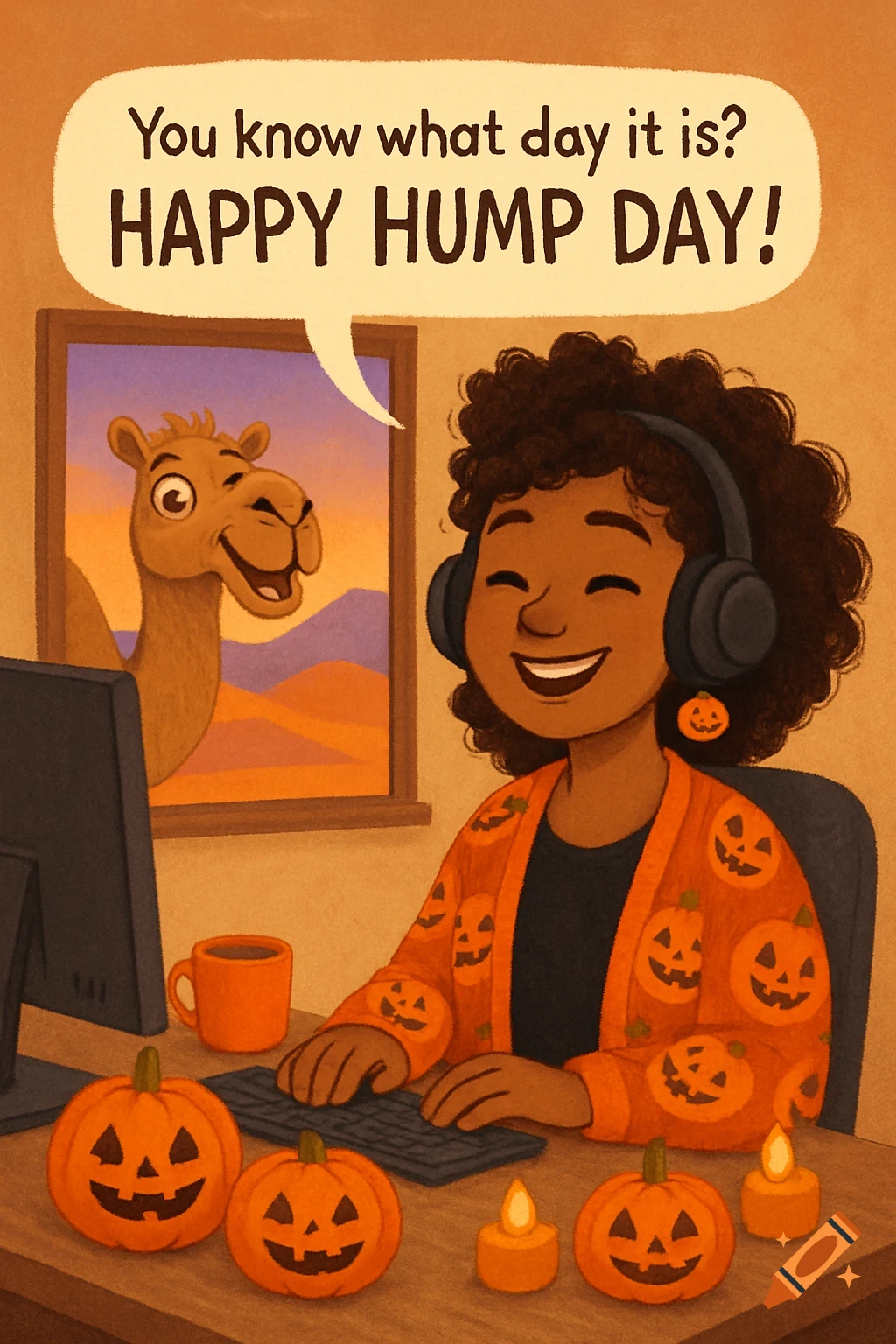 A cartoon person in a Halloween-themed office smiles while typing, with a camel in the window and a 'Happy Hump Day!' speech bubble.