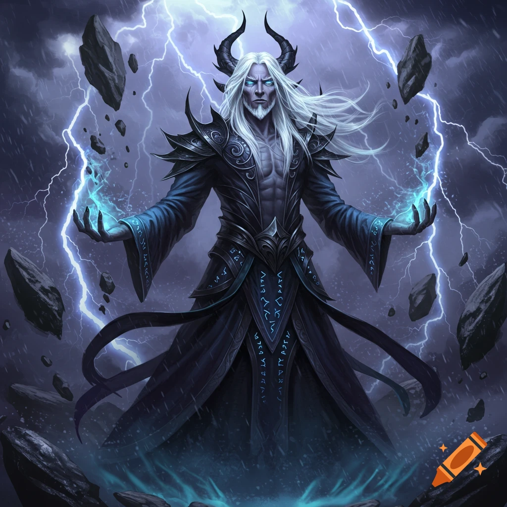 A powerful evil sorcerer with white hair and horns, in dark robes, casting electric blue lightning amidst a stormy sky and floating rocks.