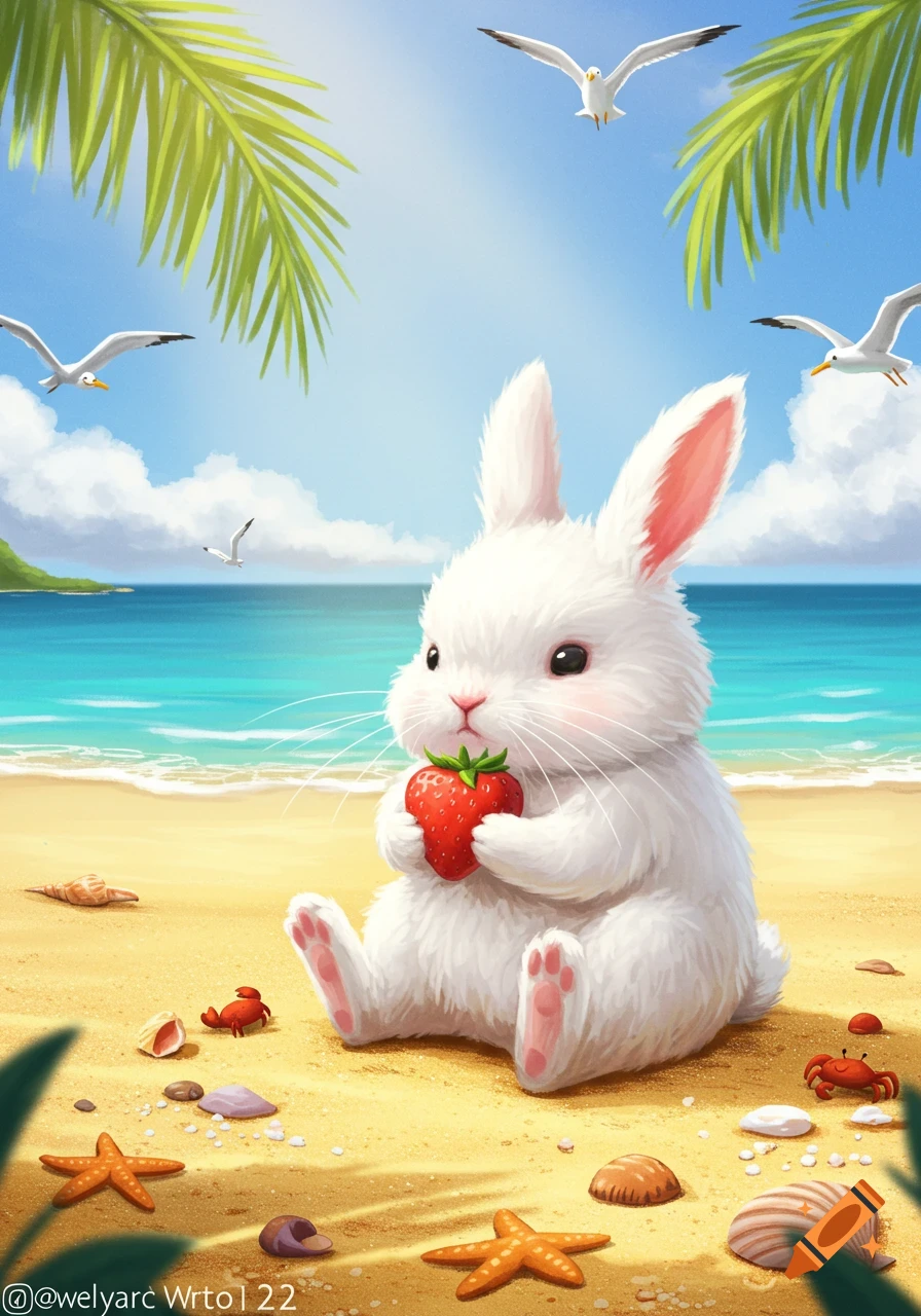 A cute, fluffy white bunny sits on a sunny beach, holding a large red strawberry. Seashells and starfish dot the sand, with seagulls flying above the blue ocean.