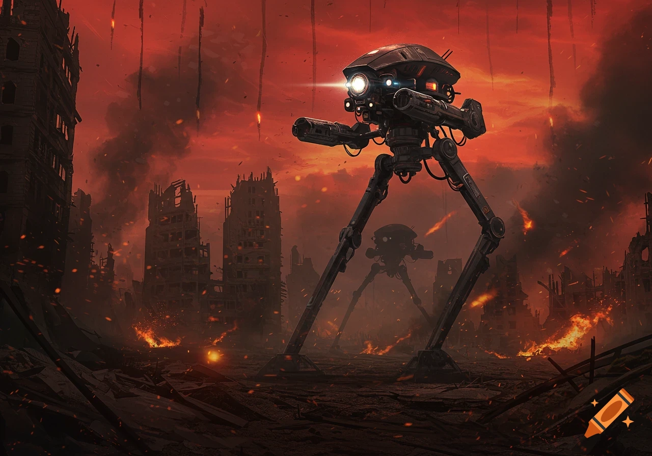 A large Martian War tripod walks through the bombed-out ruins of a city under a fiery red sky, with smoke and fires, in detailed digital art.