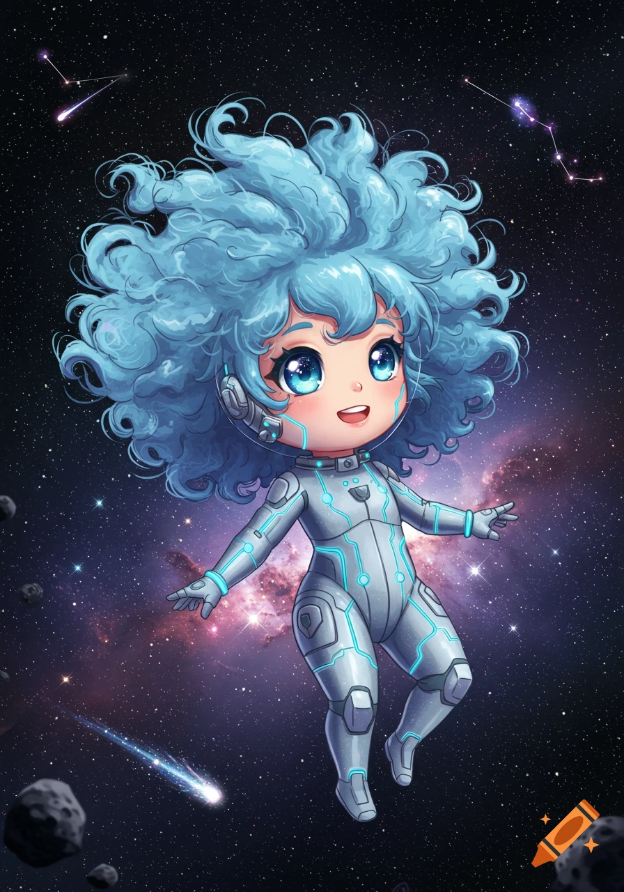 A cute chibi anime girl with blue curly hair in a silver space suit with glowing blue lines, floating in a starry galaxy.