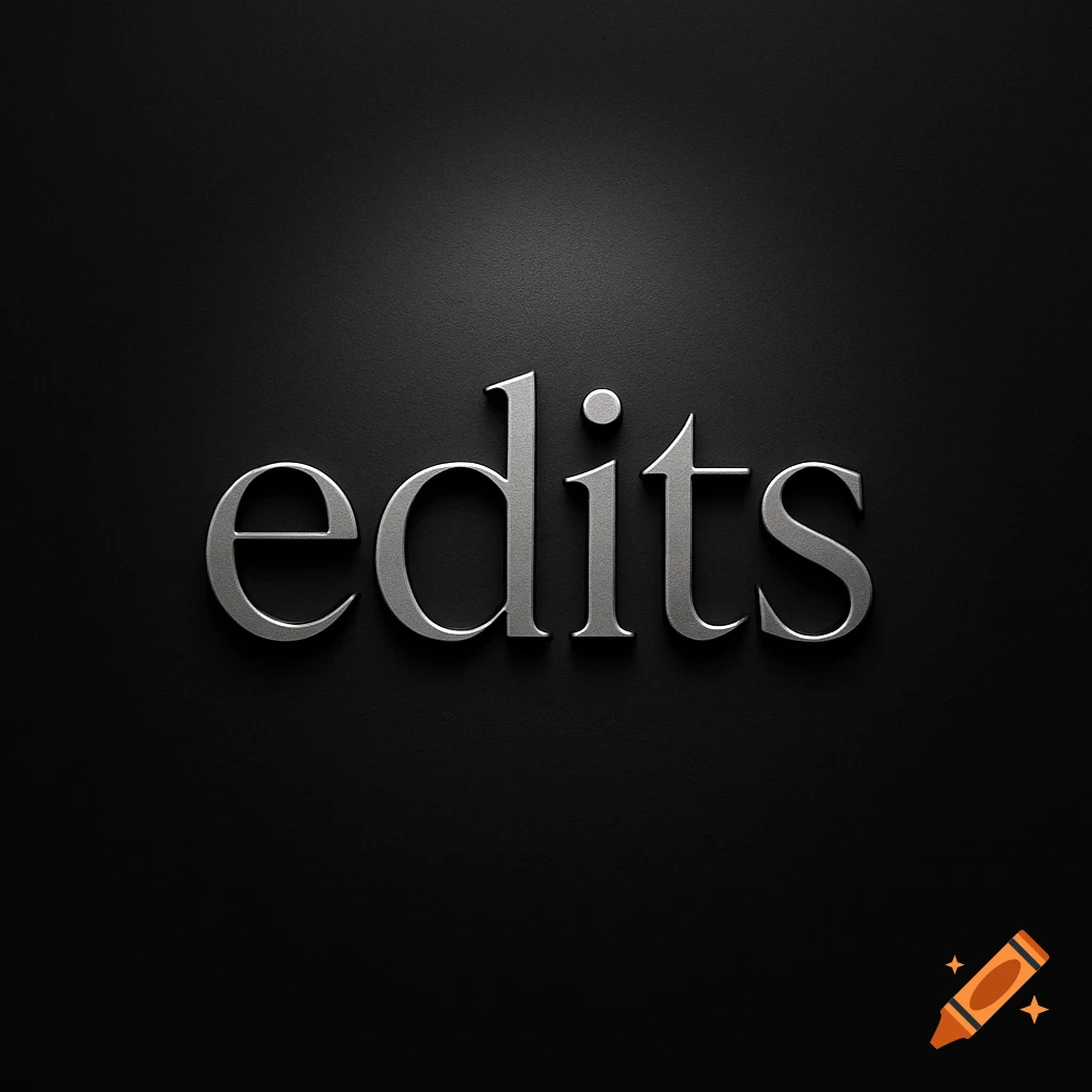 A silver, embossed 3D rendering of the word "edits" on a dark, textured background with a spotlight effect.