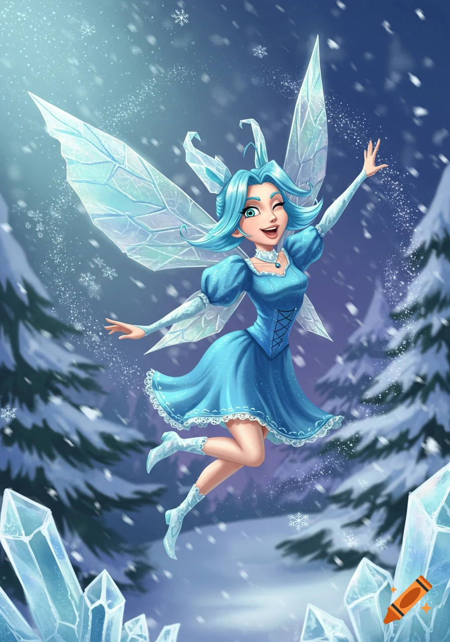 A vibrant cartoon illustration of a blue-haired ice fairy with crystalline wings, winking and flying in a snowy forest with ice formations.
