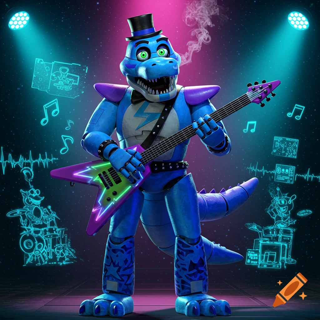 A blue animatronic dinosaur wearing a top hat plays an electric guitar on a stage under vibrant neon lights.