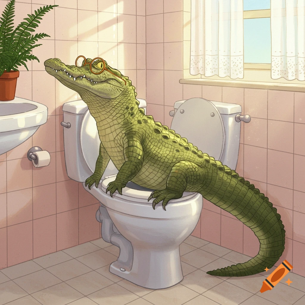 A cartoon alligator with round glasses sits on a toilet in a bathroom, looking up. Illustrated.