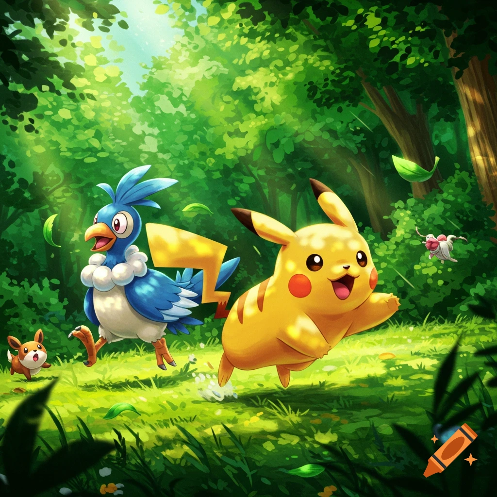 Pikachu, Cramorant, and a small rodent Pokémon run through a vibrant, sunny forest in a cartoon illustration.