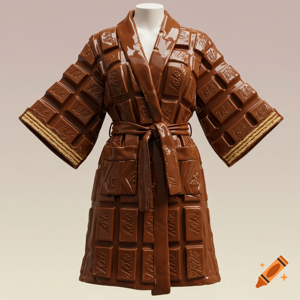 A photorealistic image of a glossy brown robe made from Kit Kat chocolate bars, displayed on a white mannequin, with wafer cuffs.