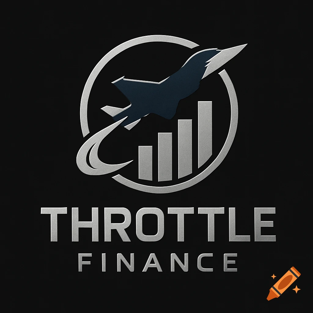 A logo for Throttle Finance featuring a dark grey jet flying over silver bar graphs within a circle, with the words 'THROTTLE FINANCE' below.