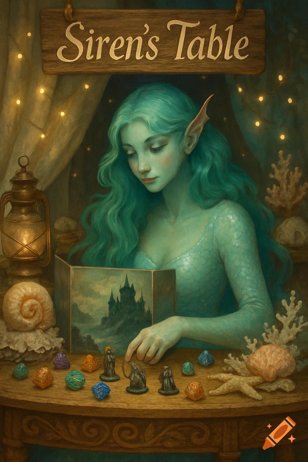 A siren with teal hair and skin plays a tabletop game on a wooden table, surrounded by fairy lights and a lantern, under a sign 'Siren's Table.'