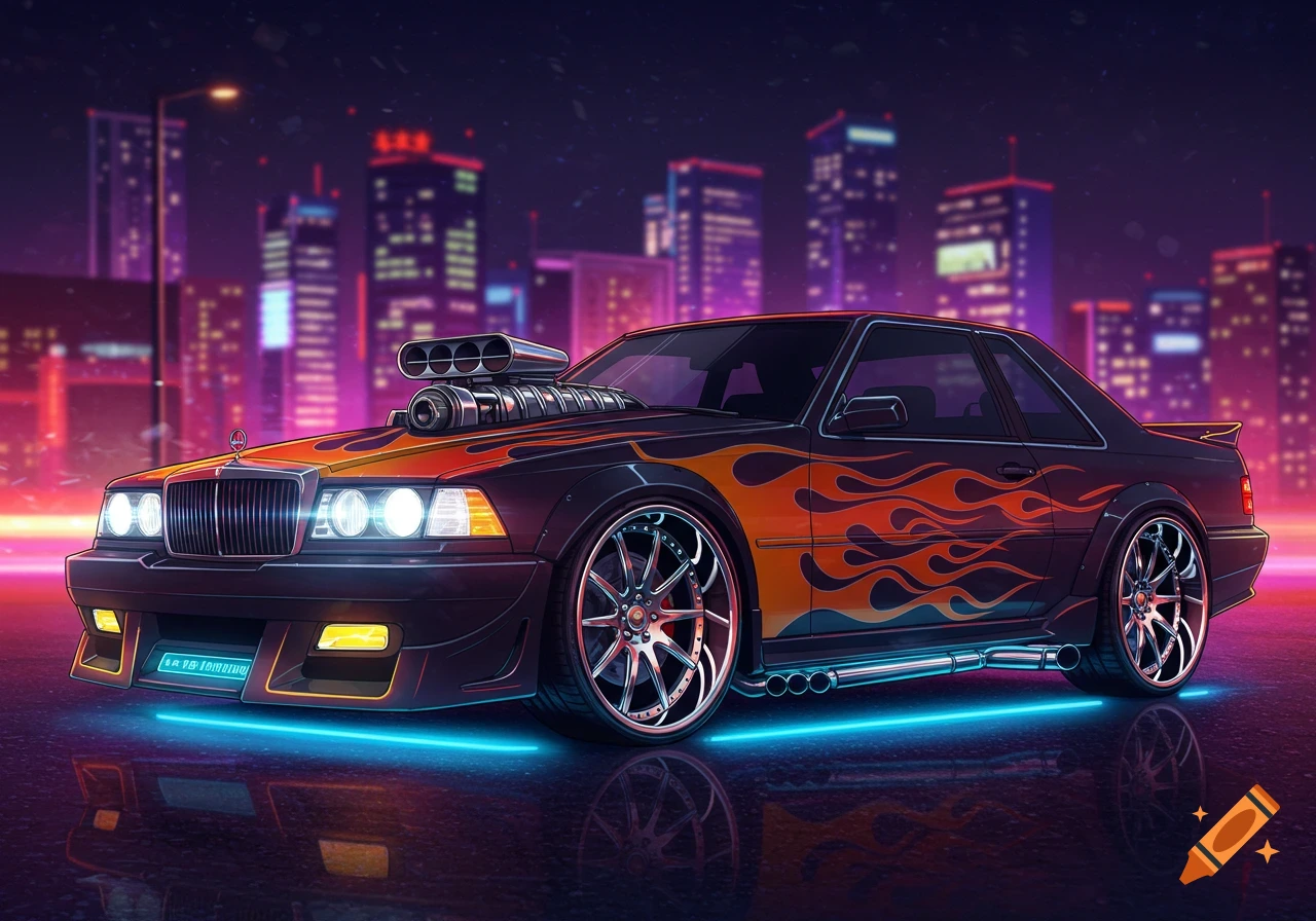 A customized black car with orange flames and chrome wheels, glowing with neon blue lights in a futuristic cyberpunk city at night.