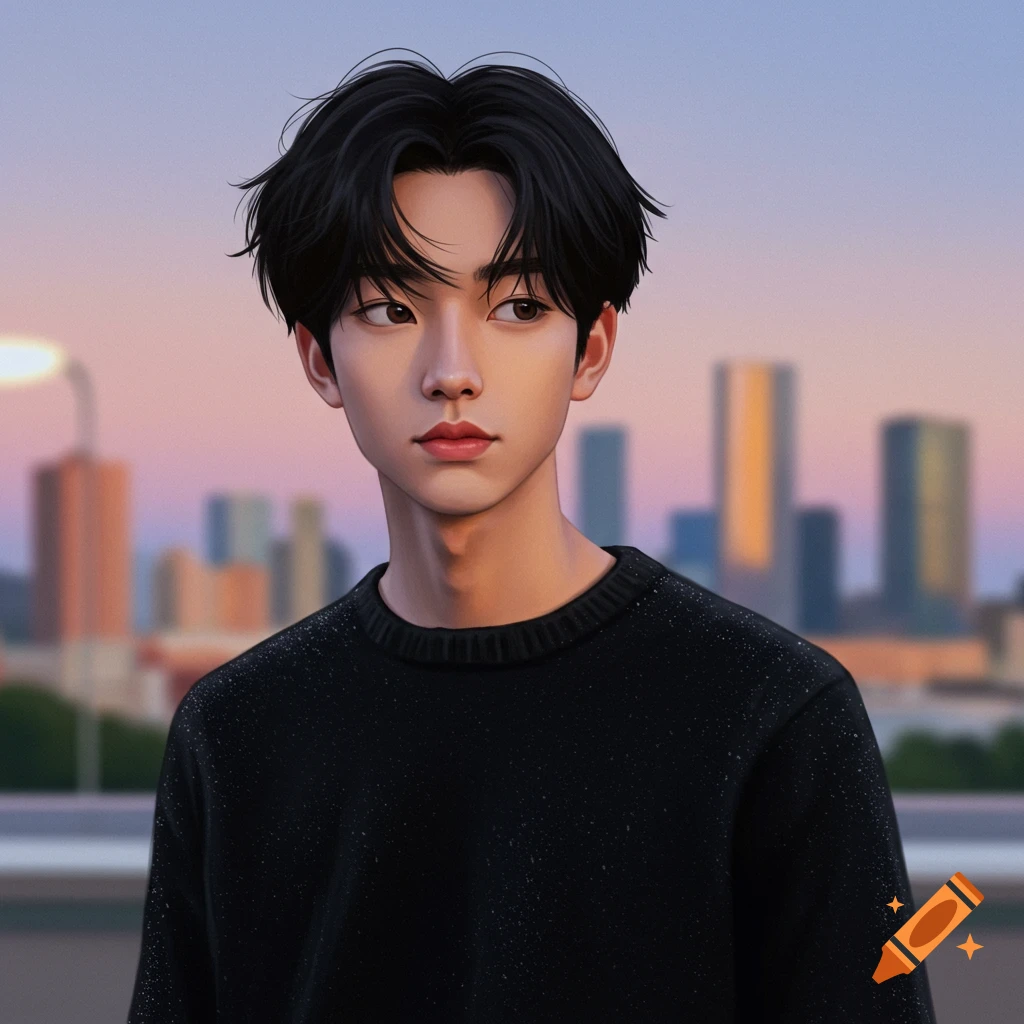 Stylized portrait of a young man with black hair and Asian features in a black sweater, looking right, with a blurred city at sunset.