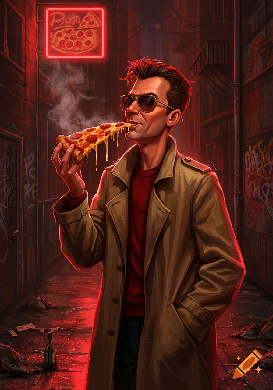 Stylized man in sunglasses and trench coat eats a cheesy pizza slice under a red neon 'Bojo Pizza' sign in a dark alley.