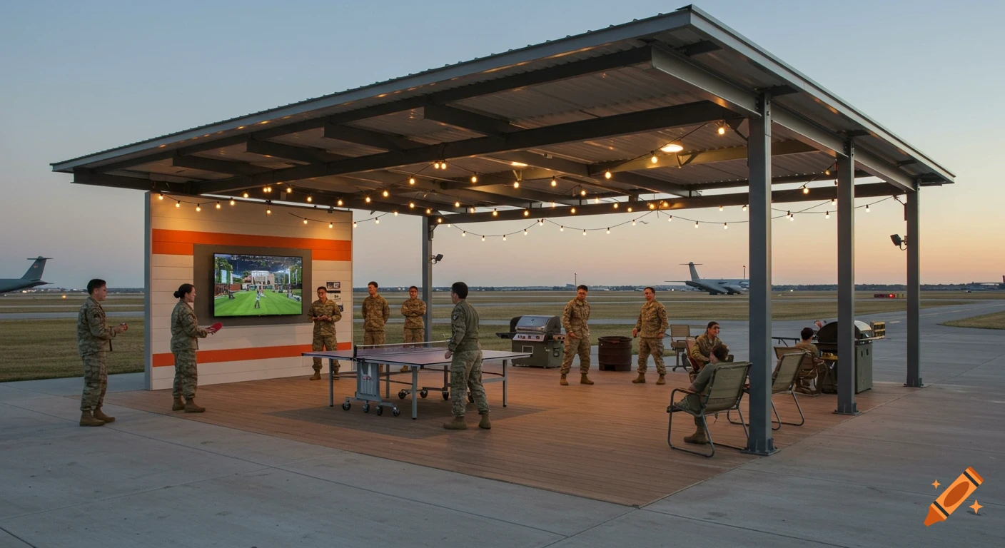 Military personnel in camouflage uniforms relax under a metal gazebo on an airfield at sunset. Some play ping pong, others watch a TV showing a golf game, and some sit or stand near a grill. Large airplanes are visible in the background.