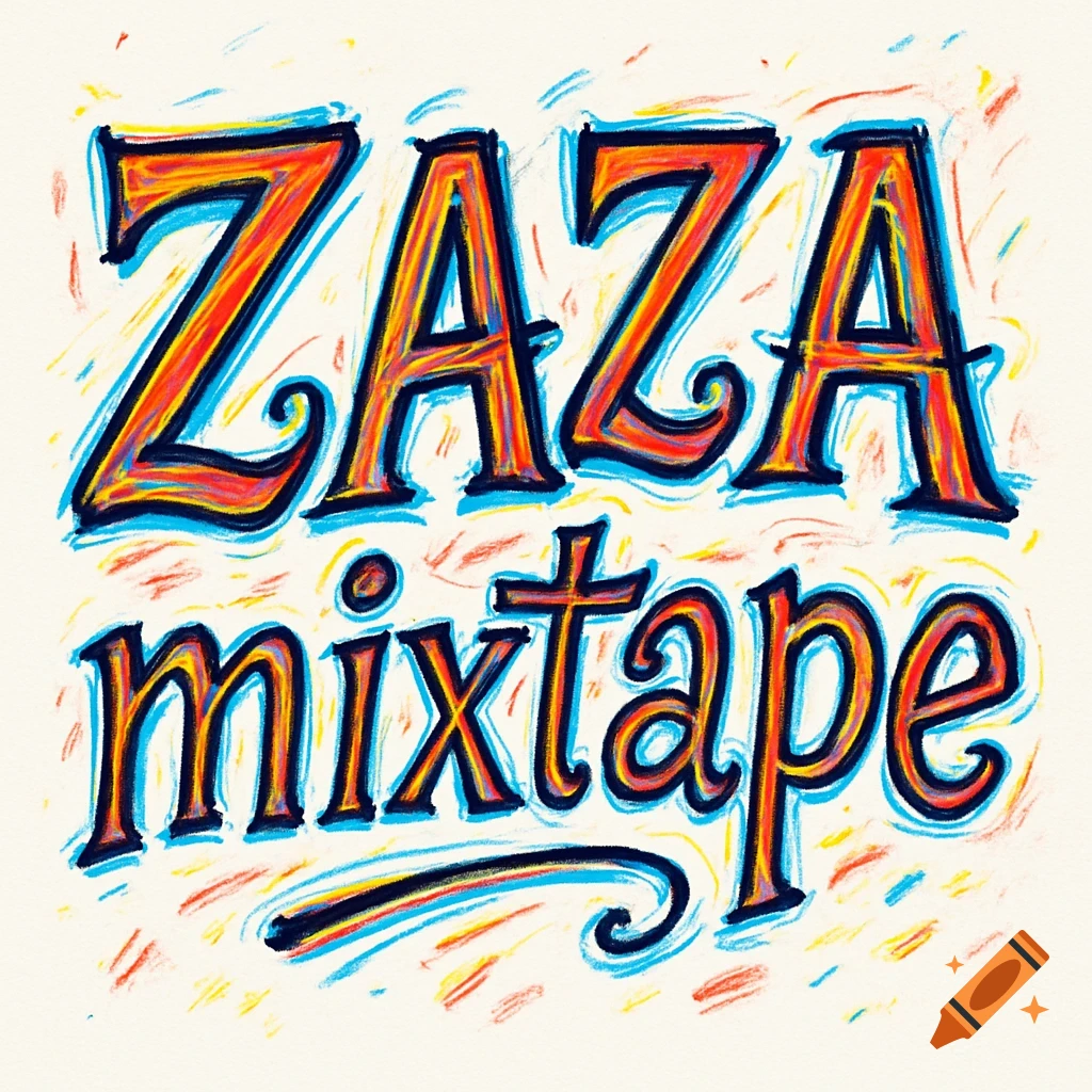 Hand-drawn colorful lettering for 'ZAZA mixtape' on a white background, with blue, red, and yellow accents.
