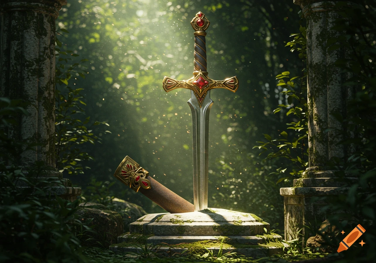 A jeweled sword stands upright in a mossy stone pedestal in a sunlit, mystical forest with ancient columns.