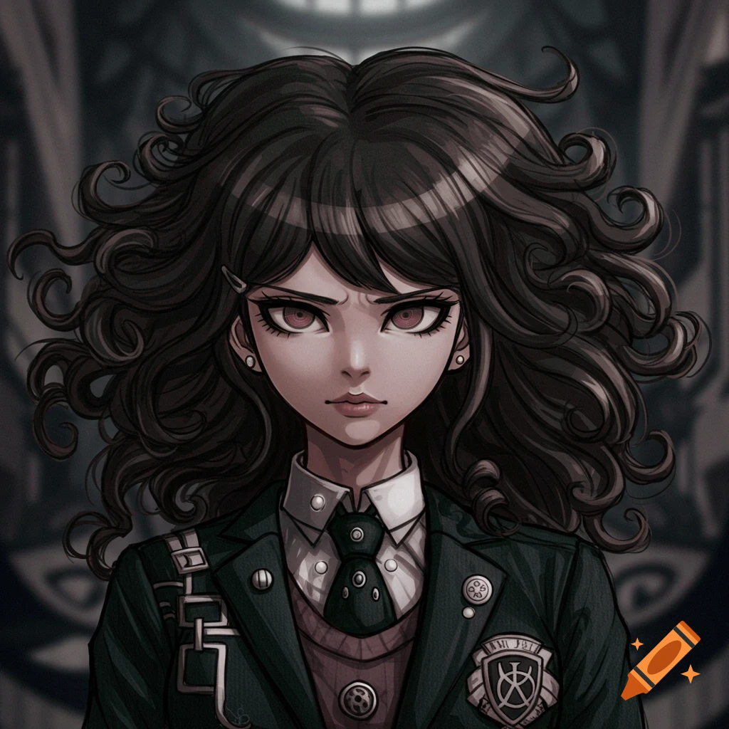 Illustration of a serious anime girl with dark curly hair, red eyes, and a school uniform.