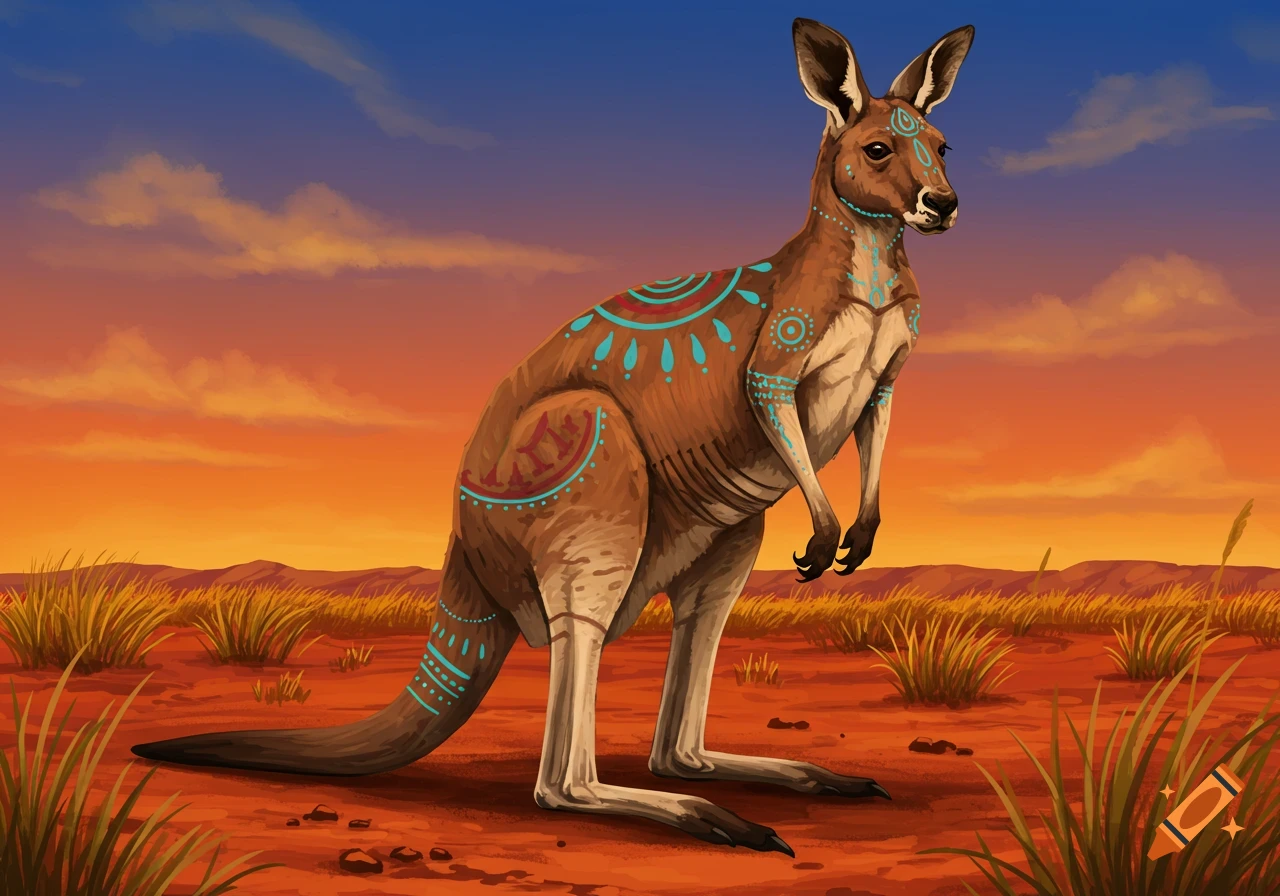 An illustrated brown kangaroo adorned with blue and red tribal patterns stands in a desert at sunset.