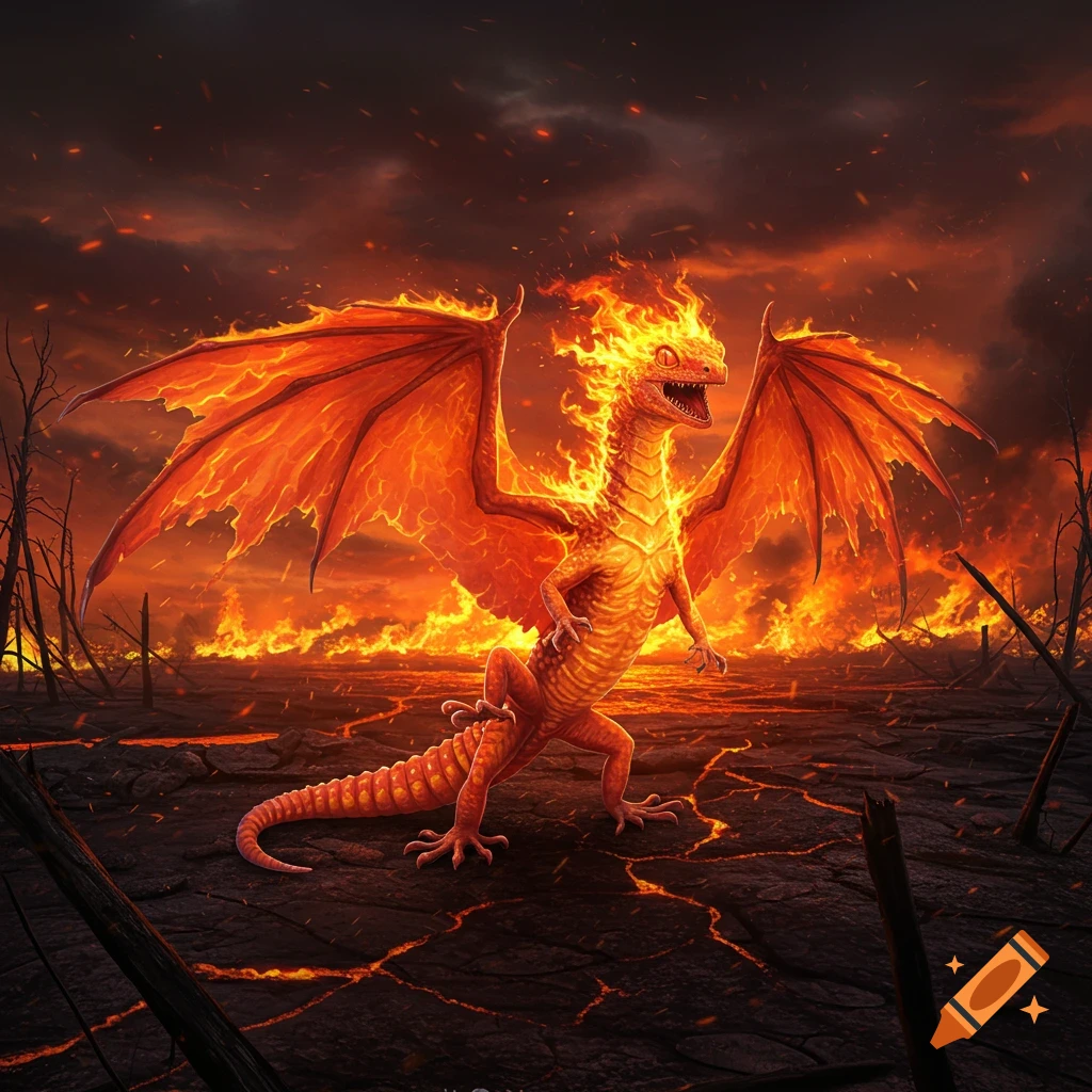 A fiery dragon with large wings stands in a desolate, burning apocalyptic landscape under a dark, smoke-filled sky. Digital art.
