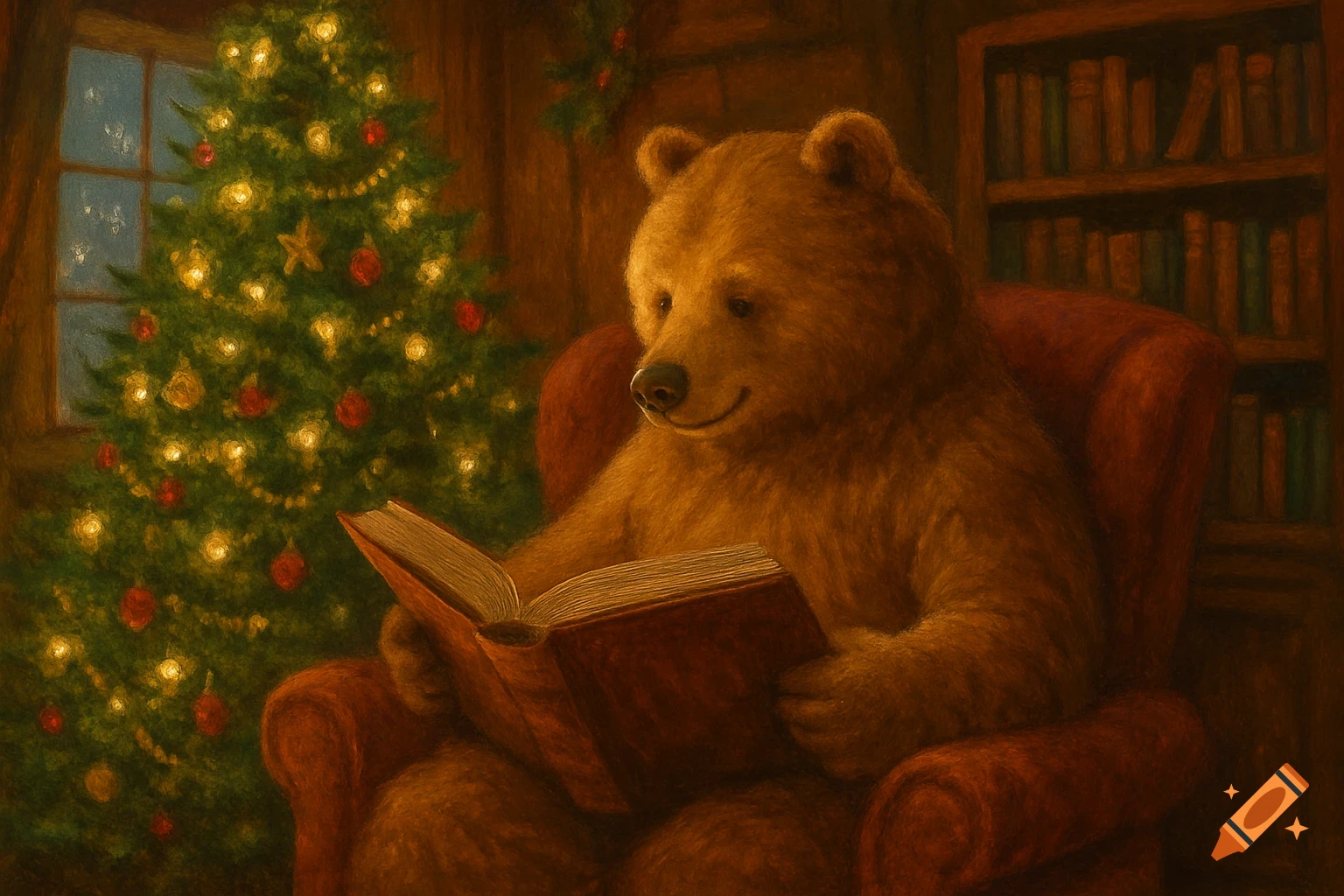 A brown anthropomorphic bear sits in a red armchair, reading a book by a brightly lit Christmas tree in a cozy room.