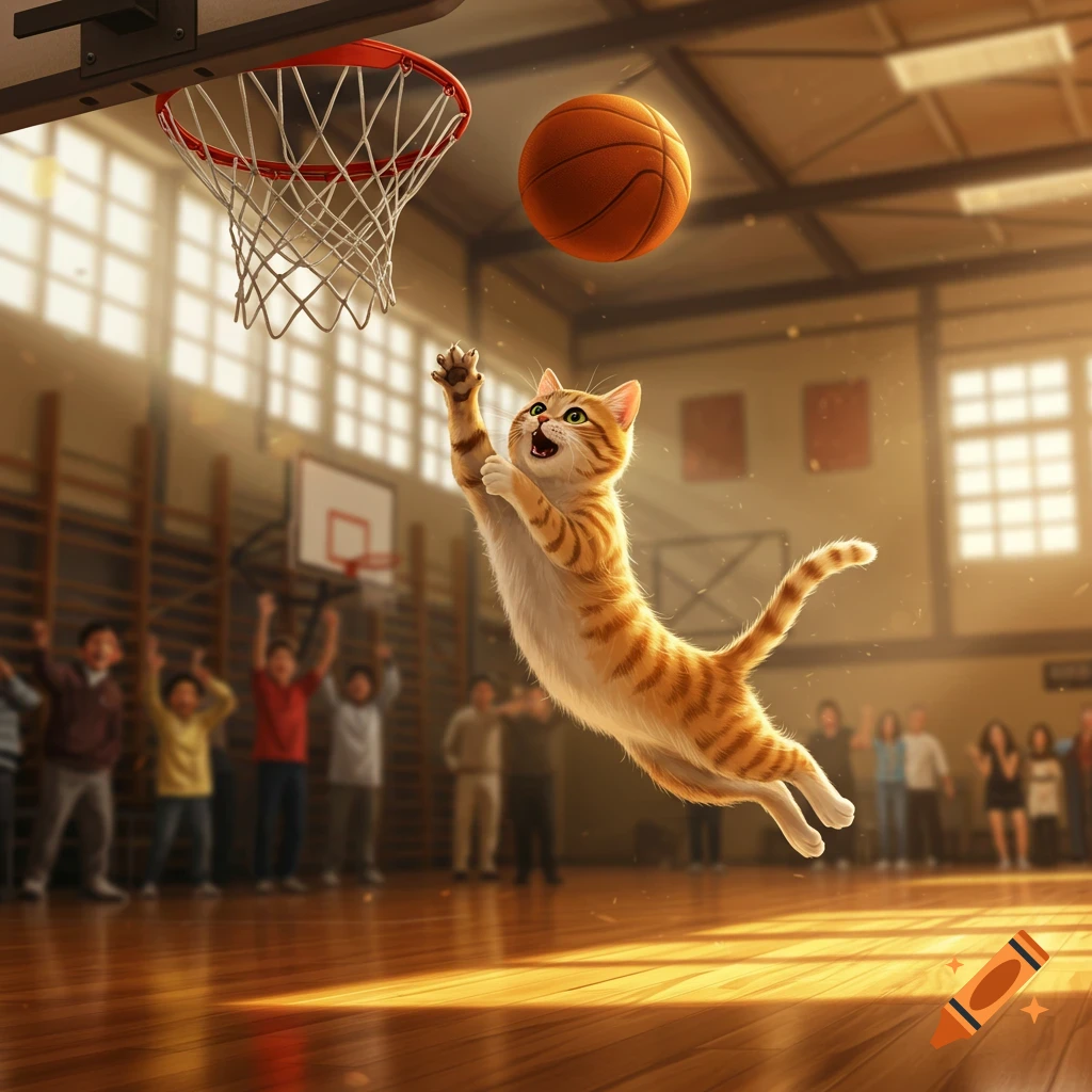 A cartoon orange tabby cat jumps to dunk a basketball in a bright gym, with blurred spectators watching.