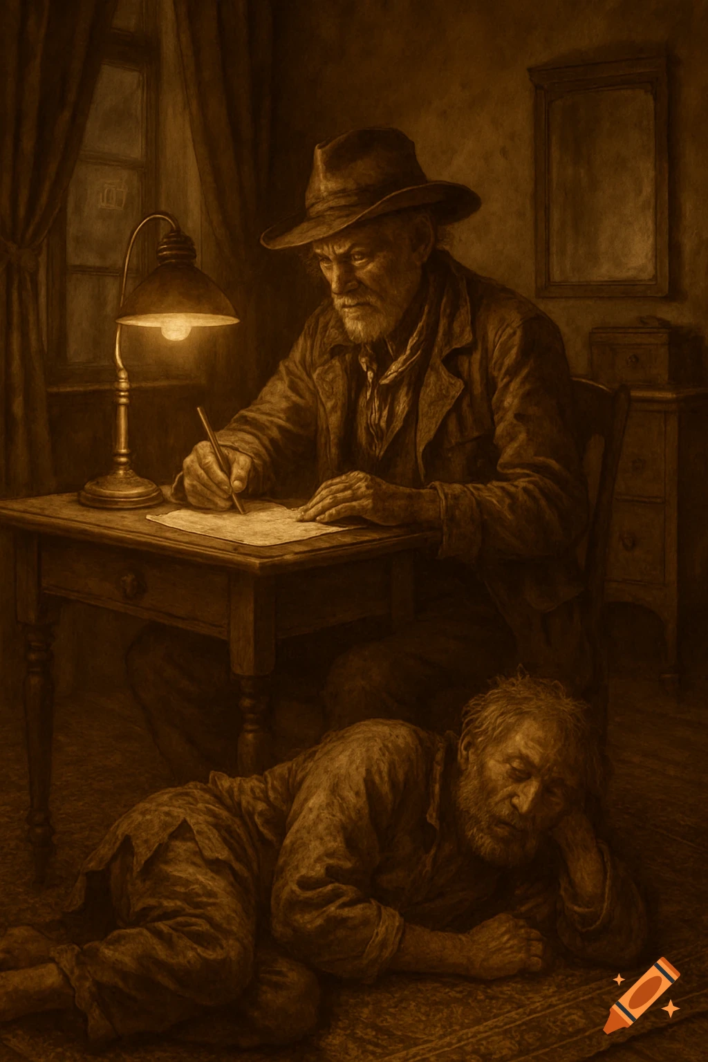 A sepia-toned illustration shows an old man writing at a desk under a lamp, while another older man sleeps on the floor beside him.