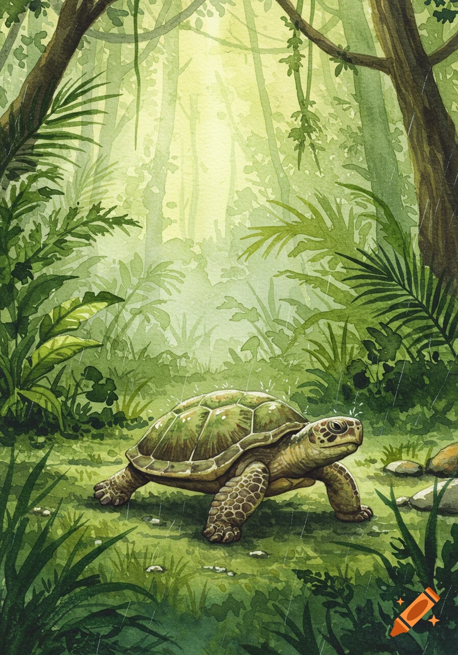 A watercolor illustration of a turtle walking through a vibrant green rainforest with sunlight filtering through the trees.