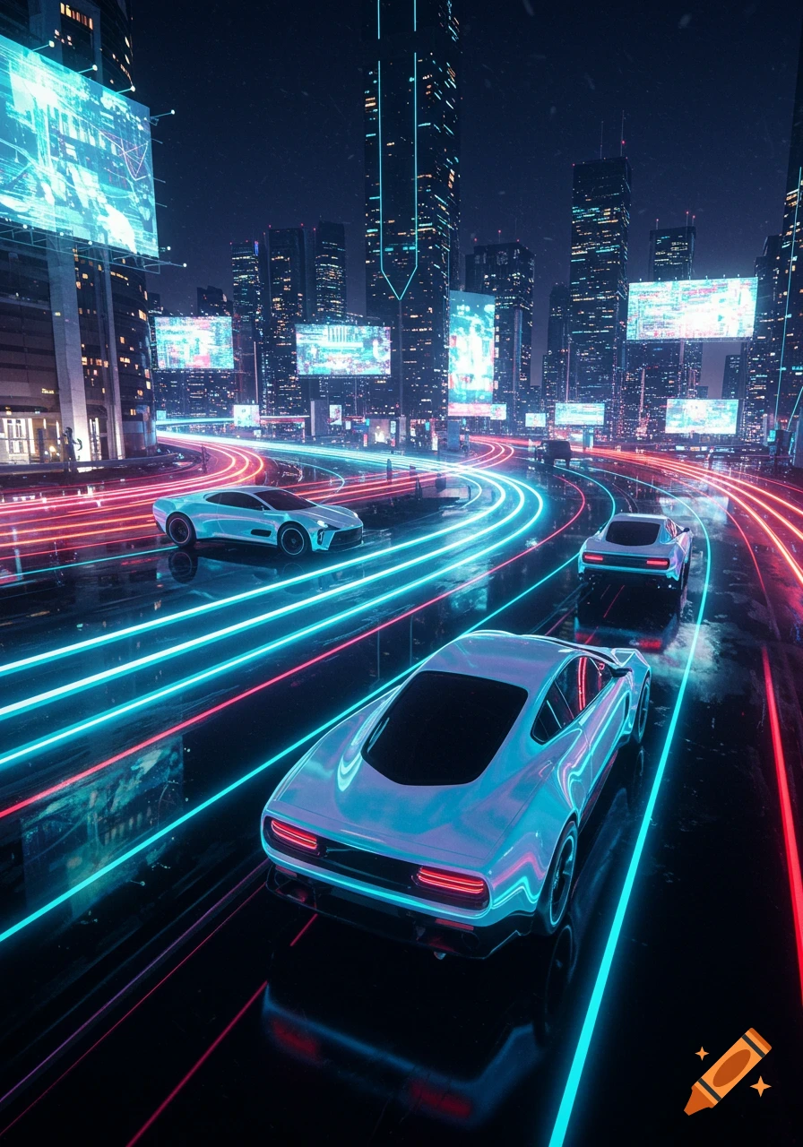 Futuristic cars driving on a neon-lit highway through a gleaming cyberpunk city at night.