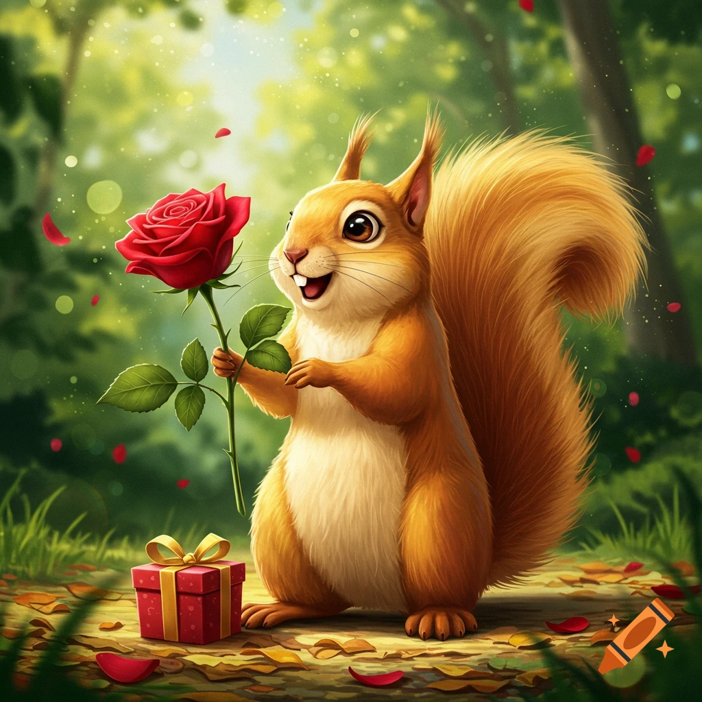 An adorable animated squirrel stands on a sunny forest floor, holding a red rose, with a red gift box beside it.