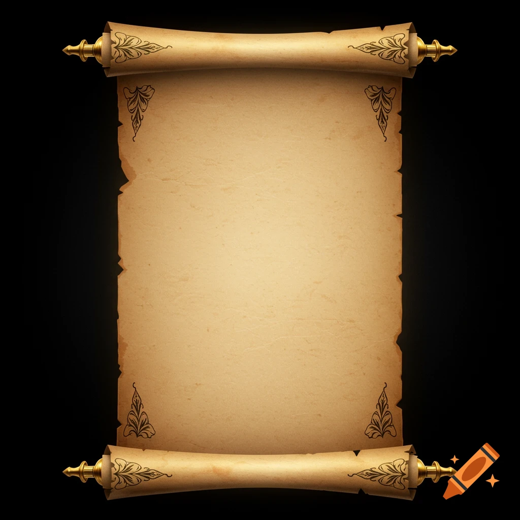 An old, blank parchment scroll with golden finials and decorative corner designs, set against a dark background.