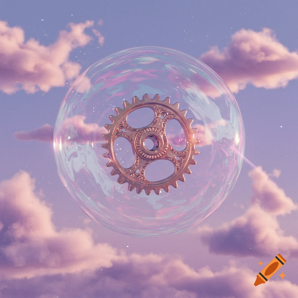 A golden gear suspended inside a shimmering iridescent bubble, floating in a soft purple and pink cloudy sky with faint stars.