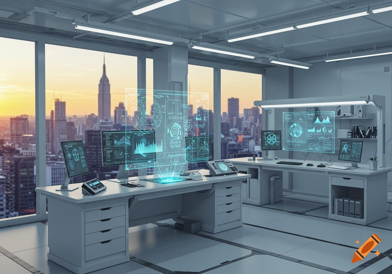Photorealistic image of a futuristic lab with holographic displays and computer screens overlooking a city skyline at sunset.