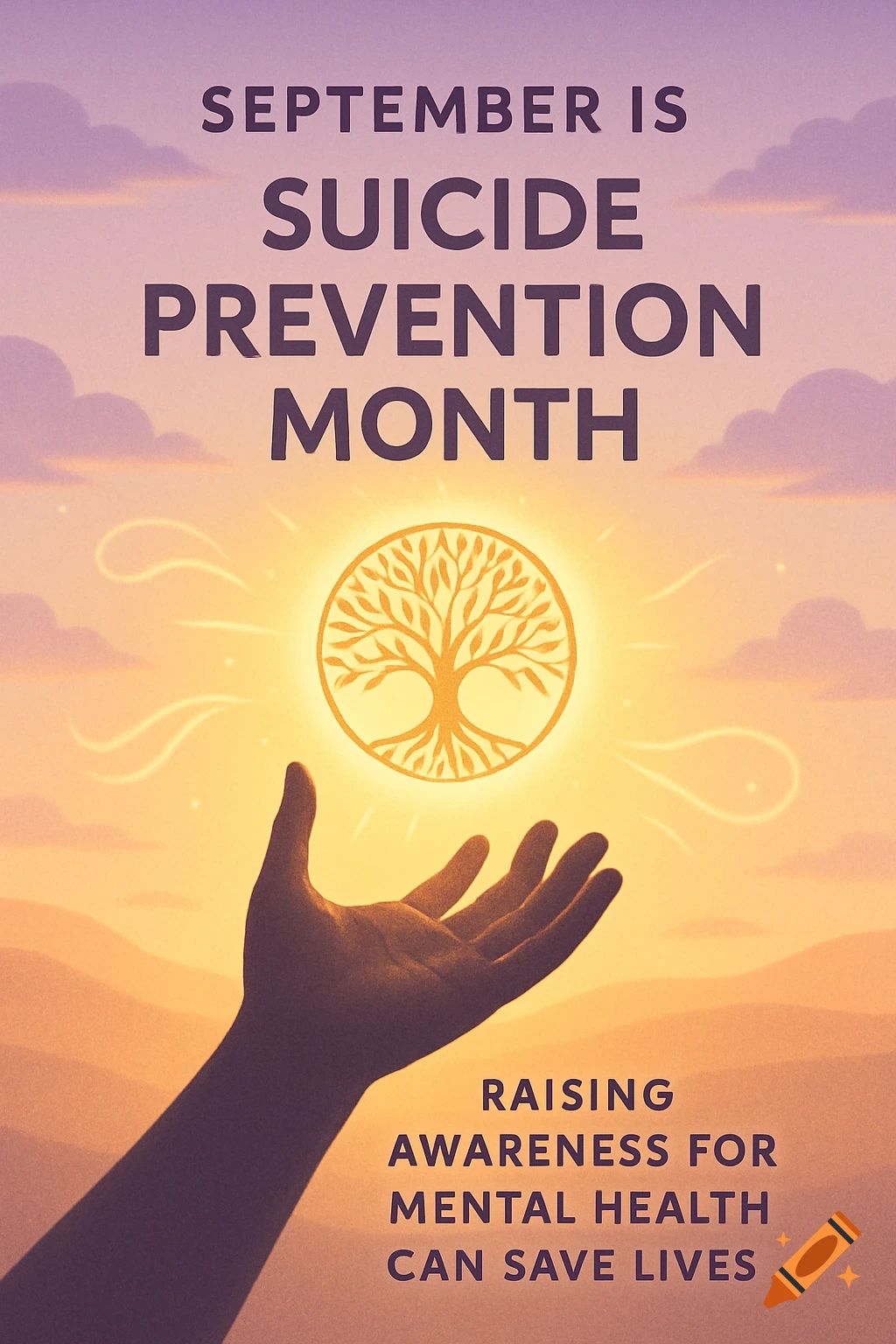A flyer with a silhouetted hand reaching towards a glowing circular tree of life symbol against a sunset sky. Text reads: "SEPTEMBER IS SUICIDE PREVENTION MONTH. RAISING AWARENESS FOR MENTAL HEALTH CAN SAVE LIVES."