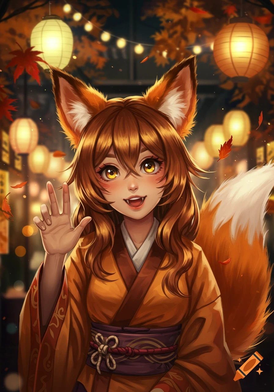 Cute anime fox girl in a kimono, with fox ears and tail, waving amidst glowing lanterns and falling autumn leaves.