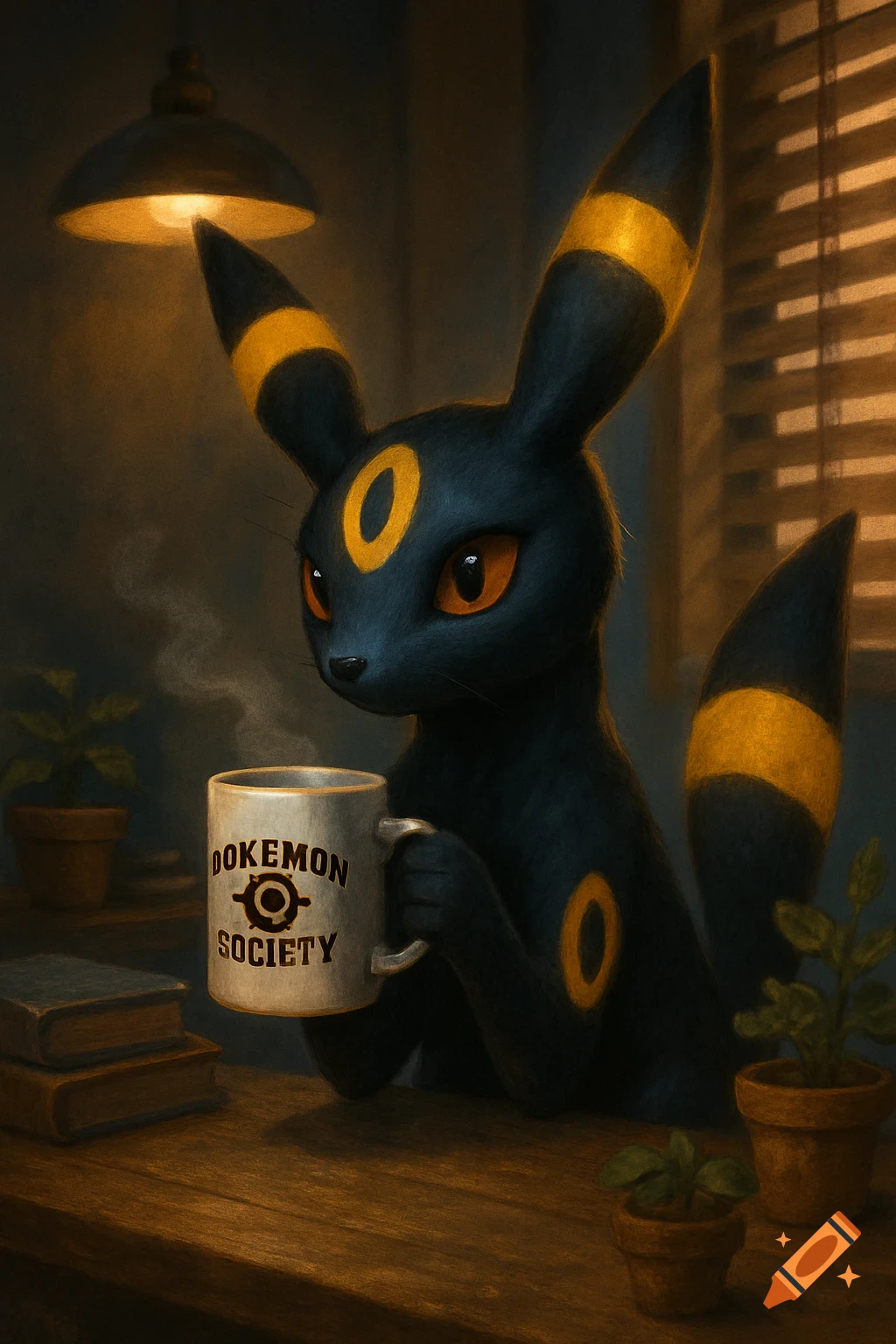 A dark Umbreon with yellow rings holds a steaming mug that says 'DOKEMON SOCIETY' in a cozy, dimly lit room.