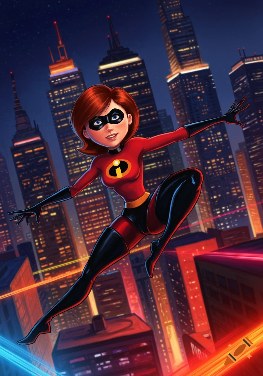Elastigirl in her red and black suit leaping over a city skyline at night, rendered in an animated style.