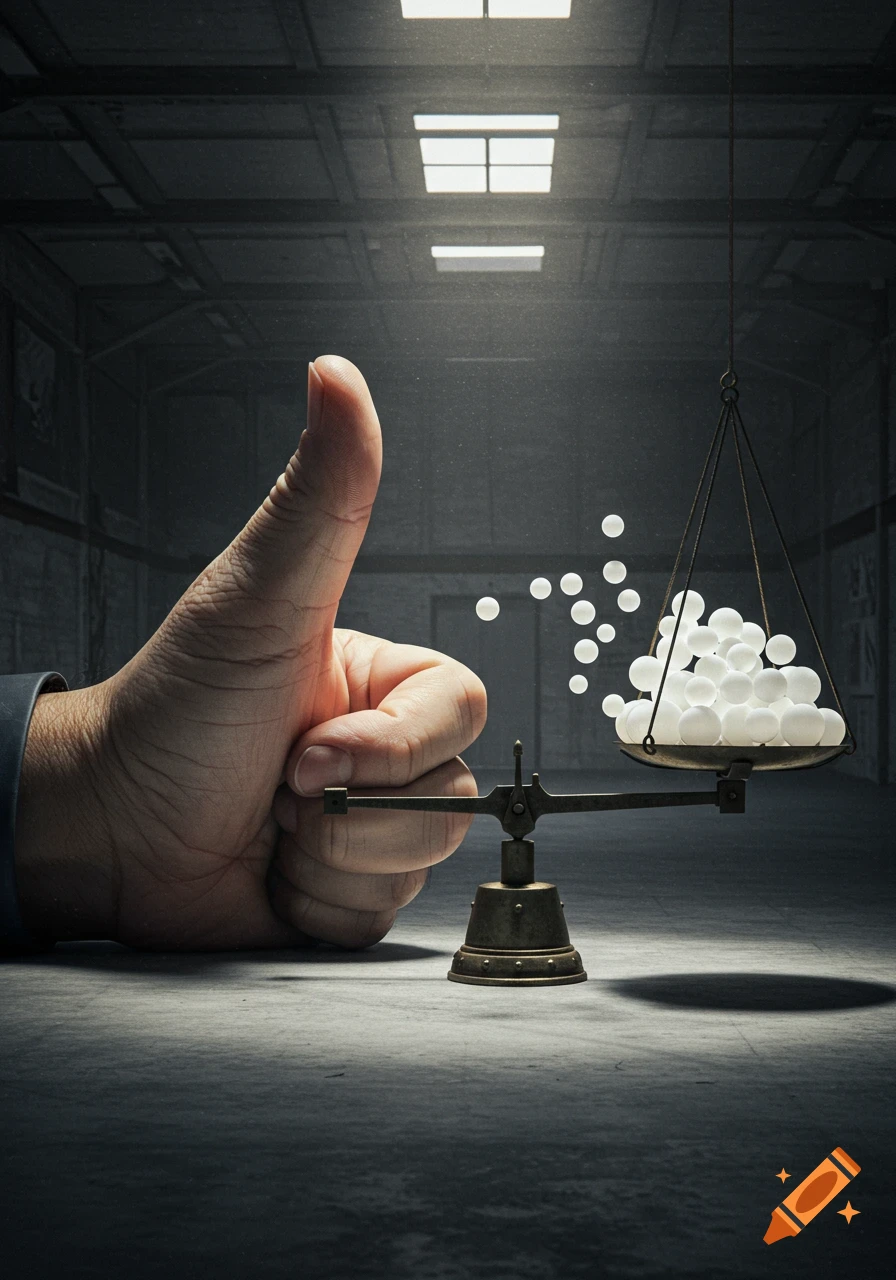 A gigantic photorealistic thumb presses one side of an antique scale against white spheres in a dimly lit, industrial-style room.