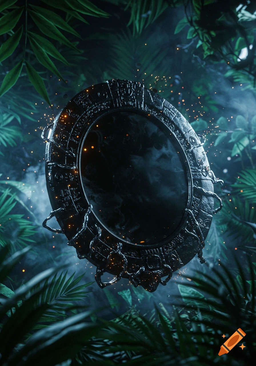 A dark, ornate Aztec-style mirror floats amidst lush green jungle foliage, with small golden sparks emanating from its surface.
